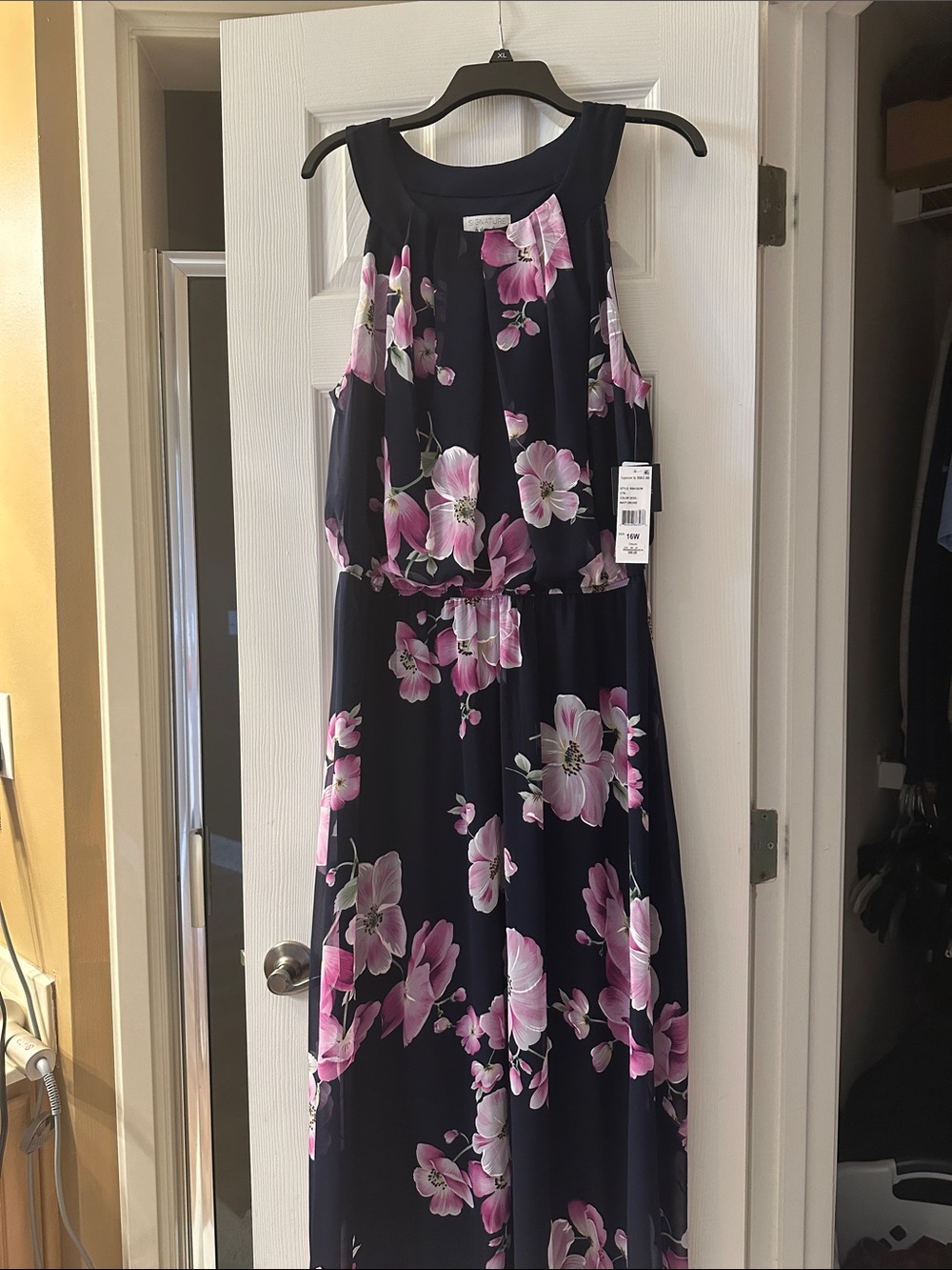 Signature by Robbie Bee Navy Maxi Dress with Pink Floral Design
